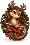 Concept art: A baby dragon nestled in a snowy Christmas wreath with pinecones, holly berries, and a red bow.
