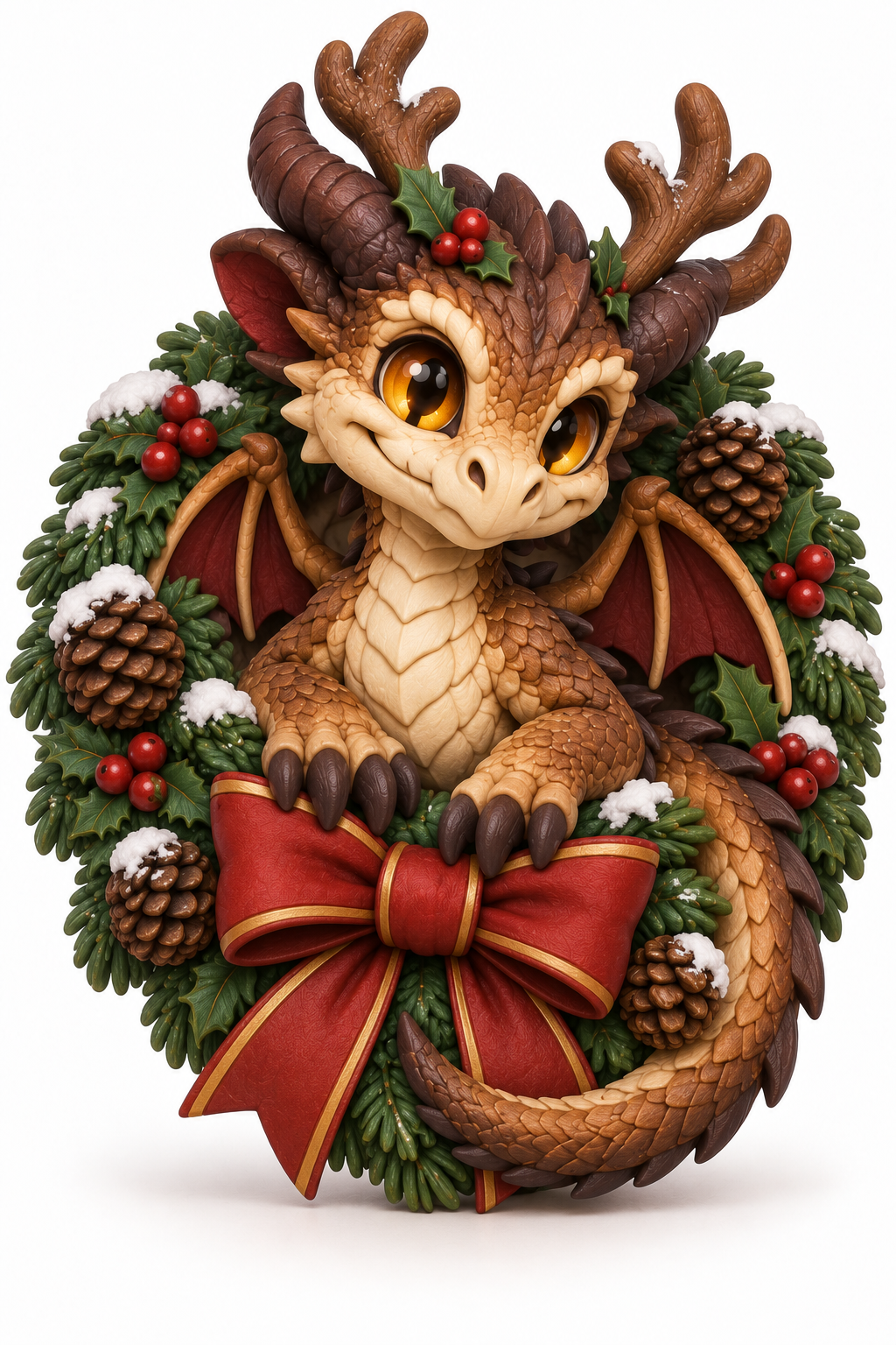 Concept art: A baby dragon nestled in a snowy Christmas wreath with pinecones, holly berries, and a red bow.