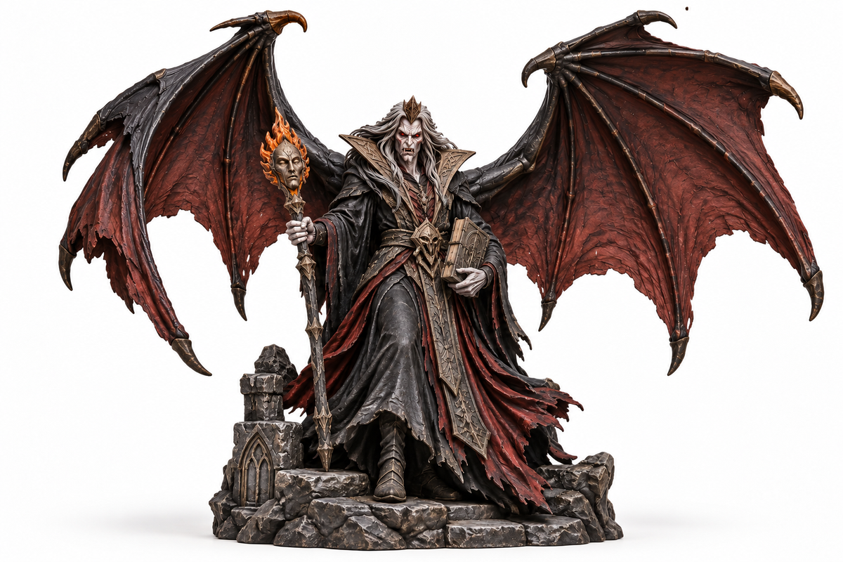 Serath, the Gravefire Regent — winged vampire figurine on stone base