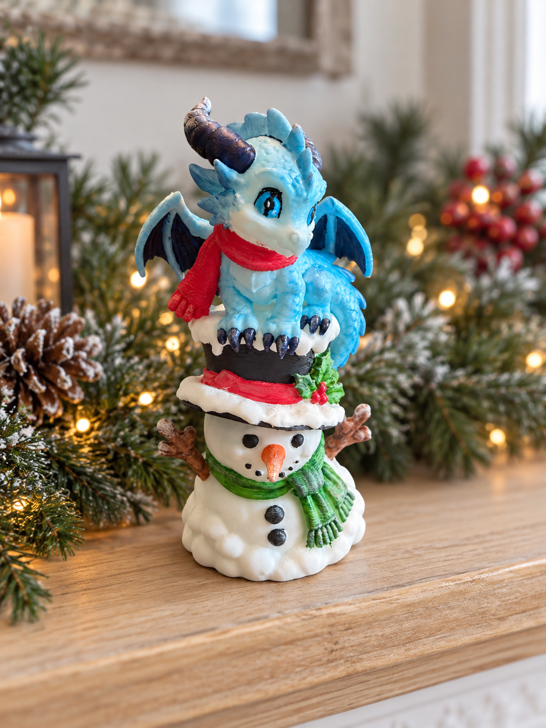 Holiday setting presentation based on real winter dragon and snowman print