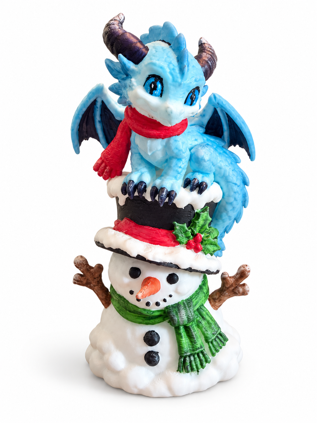 Studio presentation based on real winter dragon and snowman printed figurine on white background